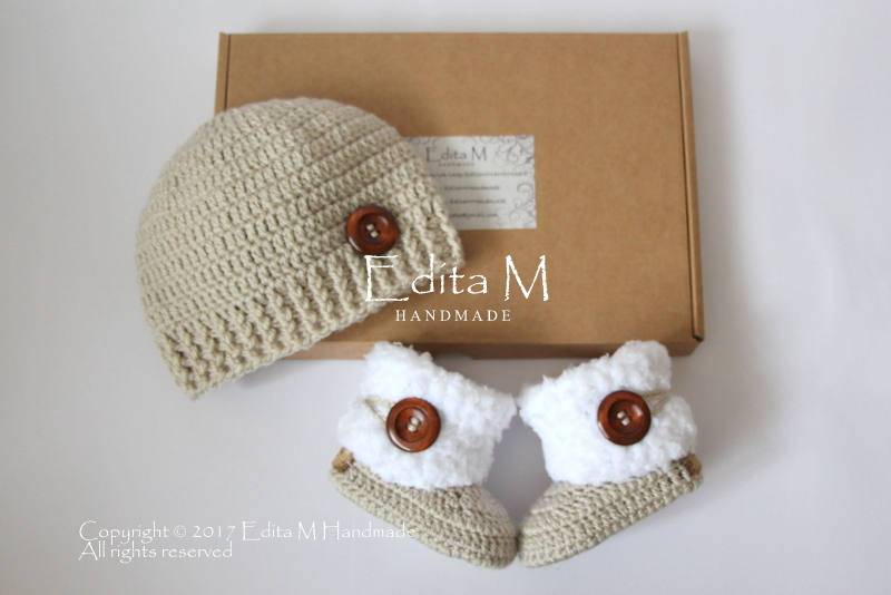 Unisex Gehäkelte Baby-Set, Babyschuhe, Gestrickte Babymütze, 0-3, 3-6 Monate, Neutral, Babyparty, Weihnachten von EditaMHANDMADE