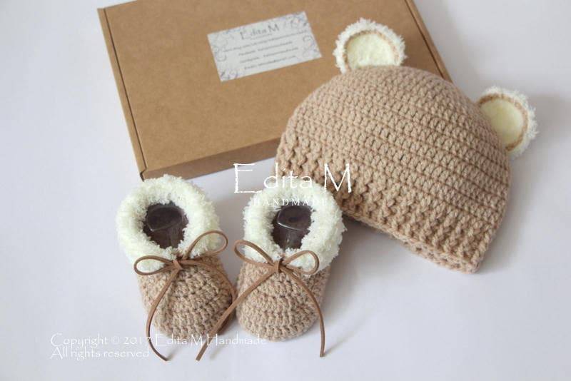 Unisex Gehäkelte Baby Set Haferflocken Booties Bär Mütze Pelz Schuhe Mokassins Strickstiefel Neugeborene Babyparty Personalisiert Unisex Gehäkelte Baby Set Haferflocken Booties Bär Mütze Pelz Schuhe Mokassins Strickstiefel Neugeborene Babyparty Personalisiert von EditaMHANDMADE