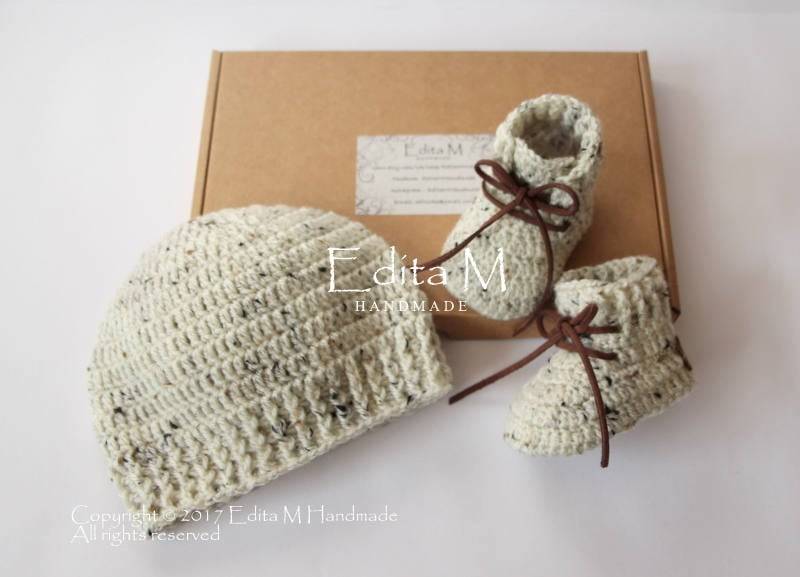 Unisex Häkelset, Babyschühchen, Babyschuhe, Strickstiefel, Babymütze, 0-3, 3-6 Monate, Babyparty, Geschenk Ostern, Neutral von EditaMHANDMADE
