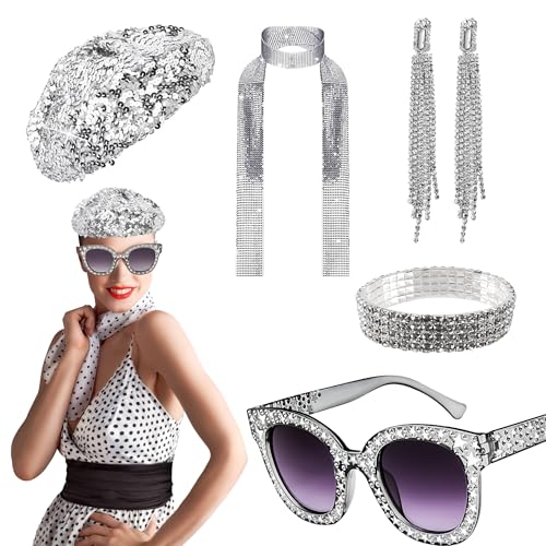 Editbar 5 Stück Disco Accessoires 70er Jahre Disco Zubehör Kostüm mit Pailletten Baskenmützen Hut Bling Sonnenbrille,Erwachsene Disco Outfit Zubehör 70er 80er Jahre Outfit Damen für Fasching Karneval von Editbar