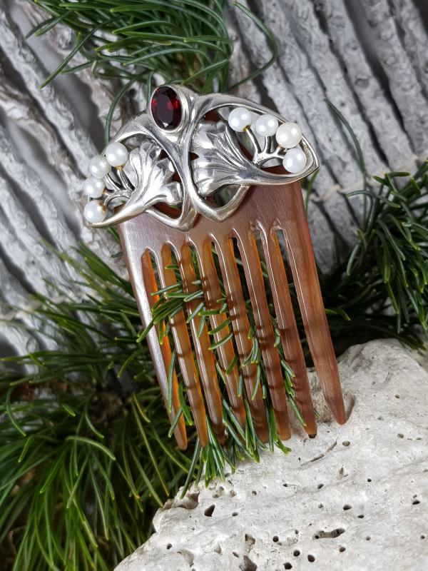 Haarkamm Aus Horn Mit Jugendstilverzierung 925Er Silber Granat Und Perle von EdlesGeschmeideWelt