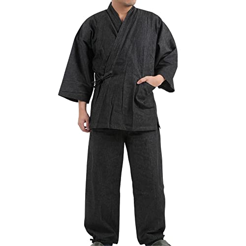 Edoten Herren Japan Kimono Mönch Arbeitskleidung Jeansjacke Hose Kleid Mönch, Schwarz , XL von Edoten