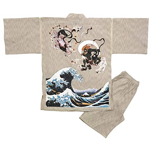 Edoten Original japanisches Muster Baumwolle 100% Jinbei Beige Weiß, Weiß Fujin Raijin Nami, XL von Edoten