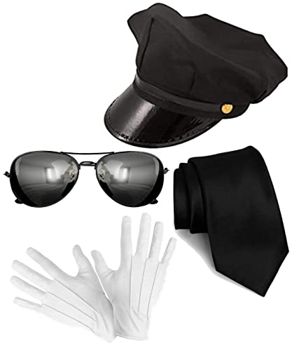 Chauffeur Kostüm Neuheit Limo Fahrer Kostüm Schwarz Chauffeur Taxi Fahrer Hut + Handschuhe + schwarze Krawatte Junggesellinnenabschied Mottoparty Buch Woche Tag Kostüm Zubehör Kit, Schwarz , von Edozos