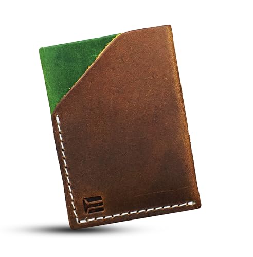 Edozos Crazyhorse Handgefertigte Leder Kreditkartenetui Brieftasche für Männer Frauen, Crazyhorse Leder Minimalistische Kartenhalter ID Bank Card Case Geldbörse, Braun Grün, 10cm x 7cm, Minimalistisch von Edozos