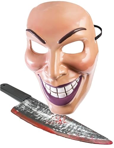 Erwachsene Evil Grin Male Purge Maske + Blutspielzeug Halloween Horror Gruseliges Lächeln Kostüm Party Maske Zubehör, braun, Einheitsgröße von Edozos