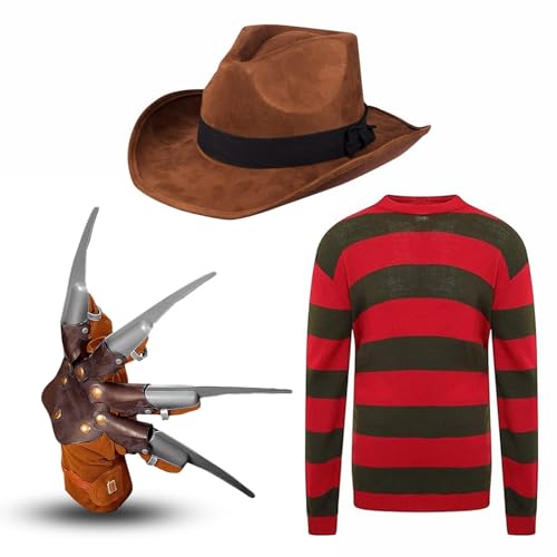 Herren Halloween Freddy Krueger Kostüm Hut + Handschuhkralle + Rot/Grün Streifen Pullover ~ Nightmare on ELM Street Horror Cosplay Verkleidung Outfit, rot/grün, 90 von Edozos