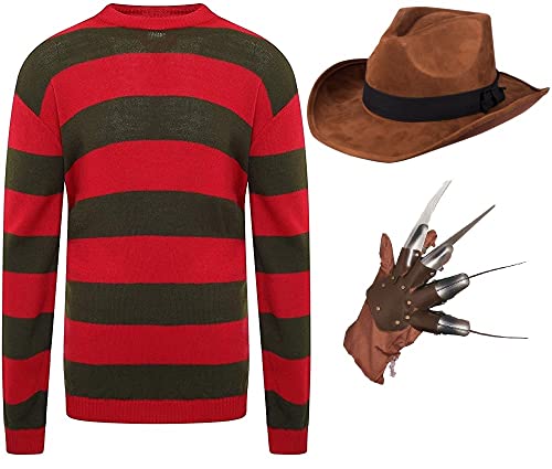 Herren Halloween Freddy Krueger Kostüm Hut + Handschuhkralle + Rot/Grün Streifen Pullover ~ Nightmare on ELM Street Horror Cosplay Verkleidung Outfit, rot/grün, 95 von Edozos