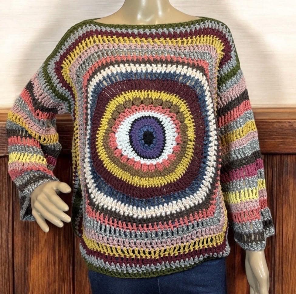 Handgemacht Häkeln Strick Pullover, Oma Quadrat Vintage Regenbogen Evil Eye, Bunte Granny Square Cardigan Boho Style Pullover, Gehäkelte von EdsHandwerk