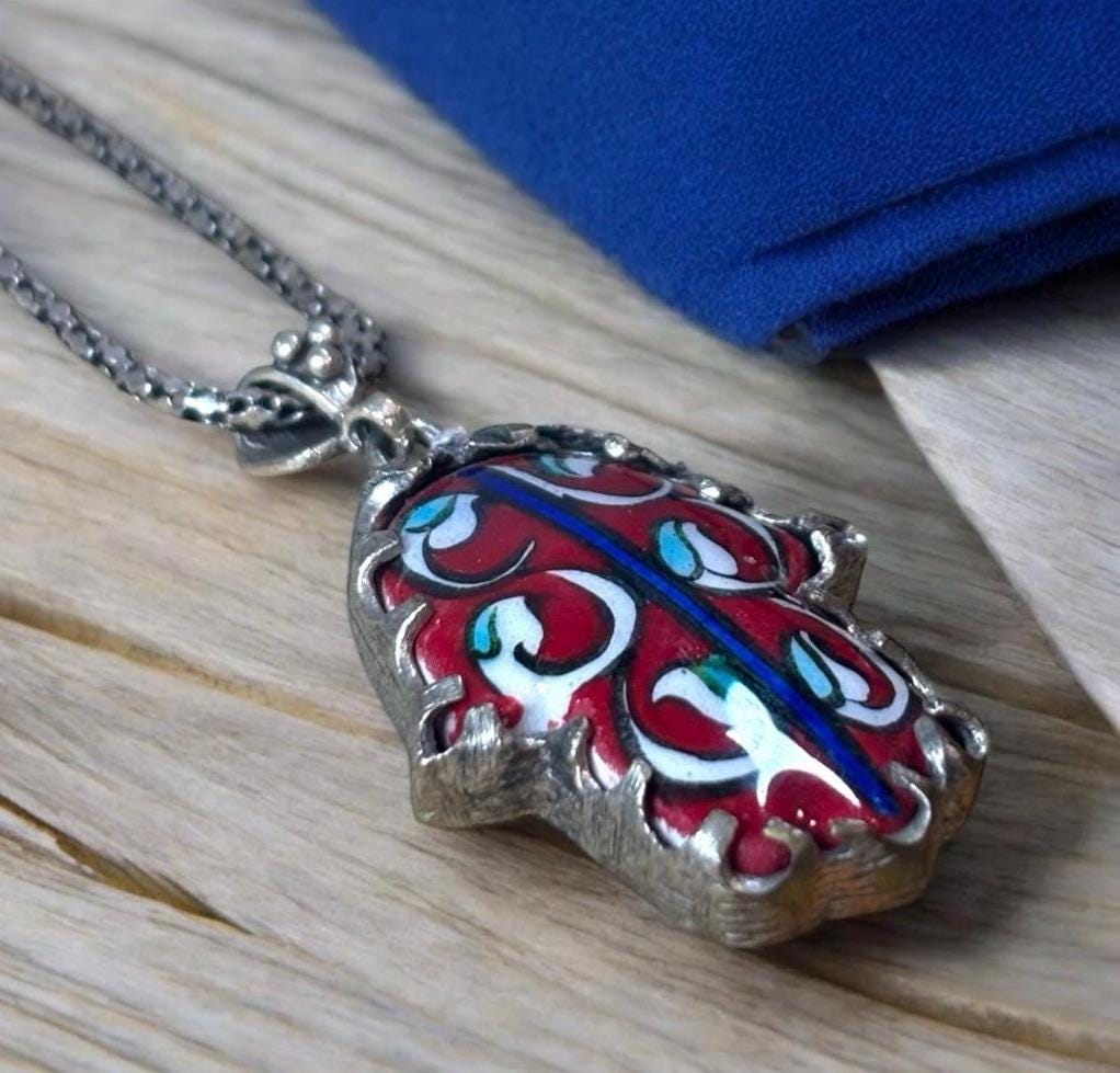 Porzellan Halskette, Authentisch Keramik Halskette Vintage Handbemalte Hamsa Motive, Handarbeit, Handgemacht Halskette Evil Eye, Jungfrau Maria von EdsHandwerk