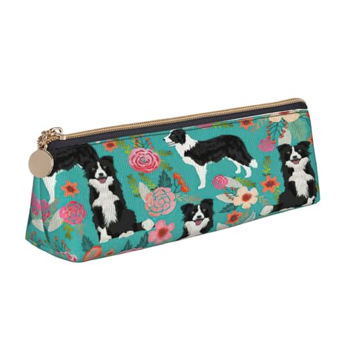 EdsfFehs Federmäppchen aus Leder mit Border Collie-Blumenmuster, dreieckige Schreibwaren-Aufbewahrungstasche, einfach und modisch von EdsfFehs