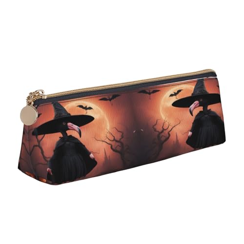 EdsfFehs Federmäppchen mit Halloween-Flamingo-Hexenhut, Leder, dreieckige Schreibwaren-Aufbewahrungstasche, einfach und modisch von EdsfFehs
