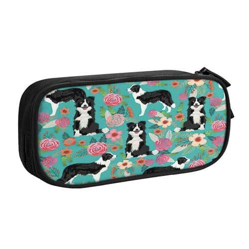 EdsfFehs Federmäppchen mit großem Fassungsvermögen, Border Collie, Blumendruck, doppellagig, Reißverschluss, mehrere Fächer, tragbar, Schwarz , Einheitsgröße, Schulranzen-Set von EdsfFehs