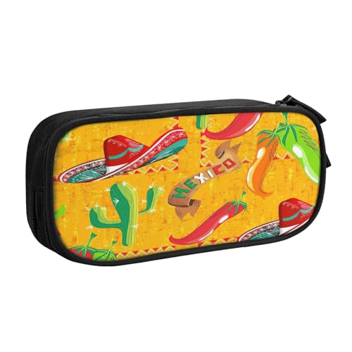 EdsfFehs Federmäppchen mit großem Fassungsvermögen und Kaktushut und Chilischoten-Druck, doppellagig, mit Reißverschluss, mehrere Fächer, tragbar, Schwarz , Einheitsgröße, Schulranzen-Set von EdsfFehs
