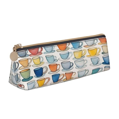 EdsfFehs Handgezeichnete Teekannen und Tassen bedrucktes Leder-Federmäppchen, dreieckige Schreibwaren-Aufbewahrungstasche, einfach und modisch von EdsfFehs