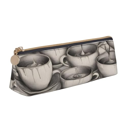 EdsfFehs Handgezeichnete Teekannen und Tassen bedrucktes Leder-Federmäppchen, dreieckige Schreibwaren-Aufbewahrungstasche, einfach und modisch von EdsfFehs