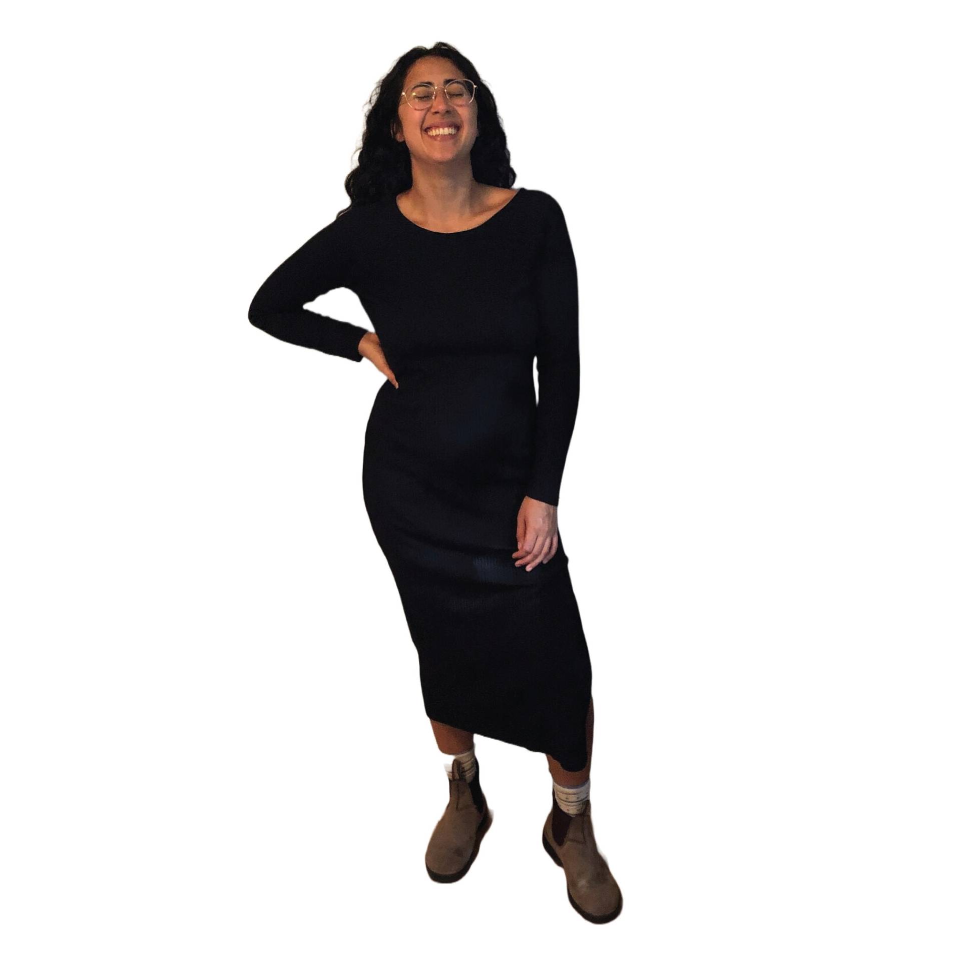 Vintage Schwarz Gerippt Midi Kleid Taillierte Langarm-Schatulle Vintage Schwarz Gerippt Midi Kleid Taillierte Langarm-Schatulle von EducationIsPRICELESS