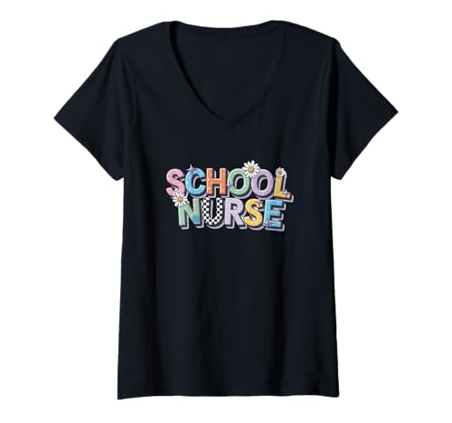 Damen Schulkrankenschwester Fröhliche Blumen-Typografie T-Shirt mit V-Ausschnitt Damen Schulkrankenschwester Fröhliche Blumen-Typografie T-Shirt mit V-Ausschnitt von Educational Health Care Professional Style