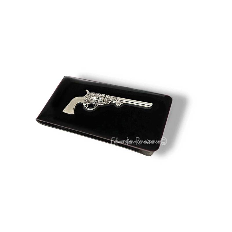 Antike Silberne Pistolen Geldspange Handbemalte Schwarze Emaille, Personalisierte Option von EdwardianRenaissance