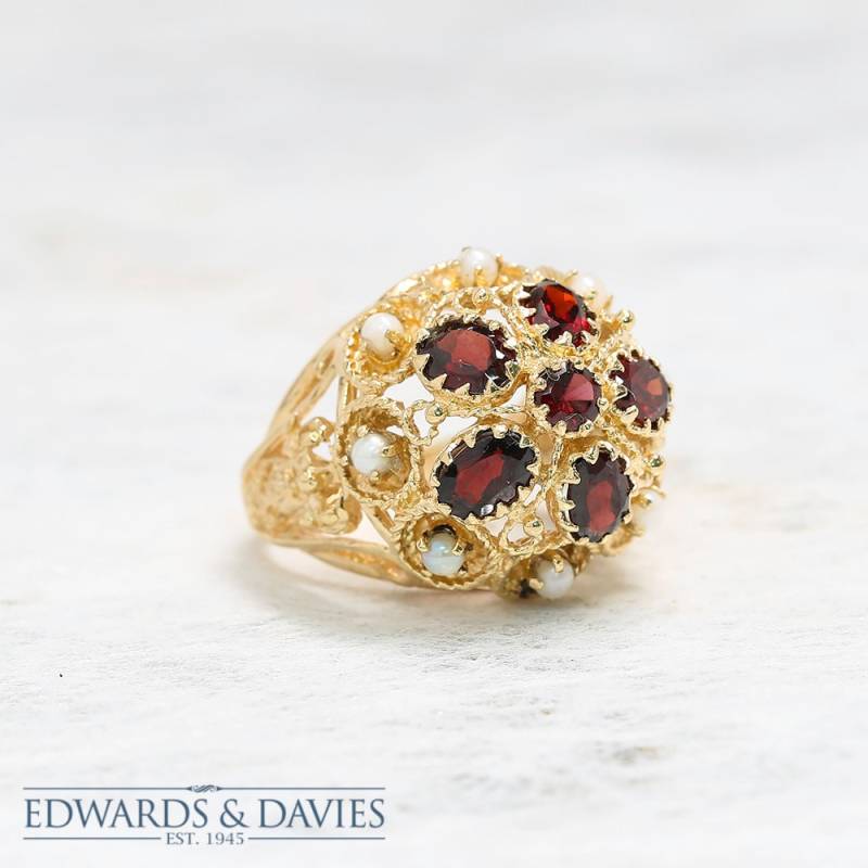Antik Gold Filigran Granat Perlen Ring | Cocktail Ring Goldring Antiker Schmuck Statement von EdwardsandDavies
