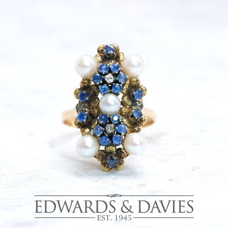 Saphir Perle Gold Blume Cocktail Ring | Goldblume Antiker Schmuck Statement Vintage von EdwardsandDavies