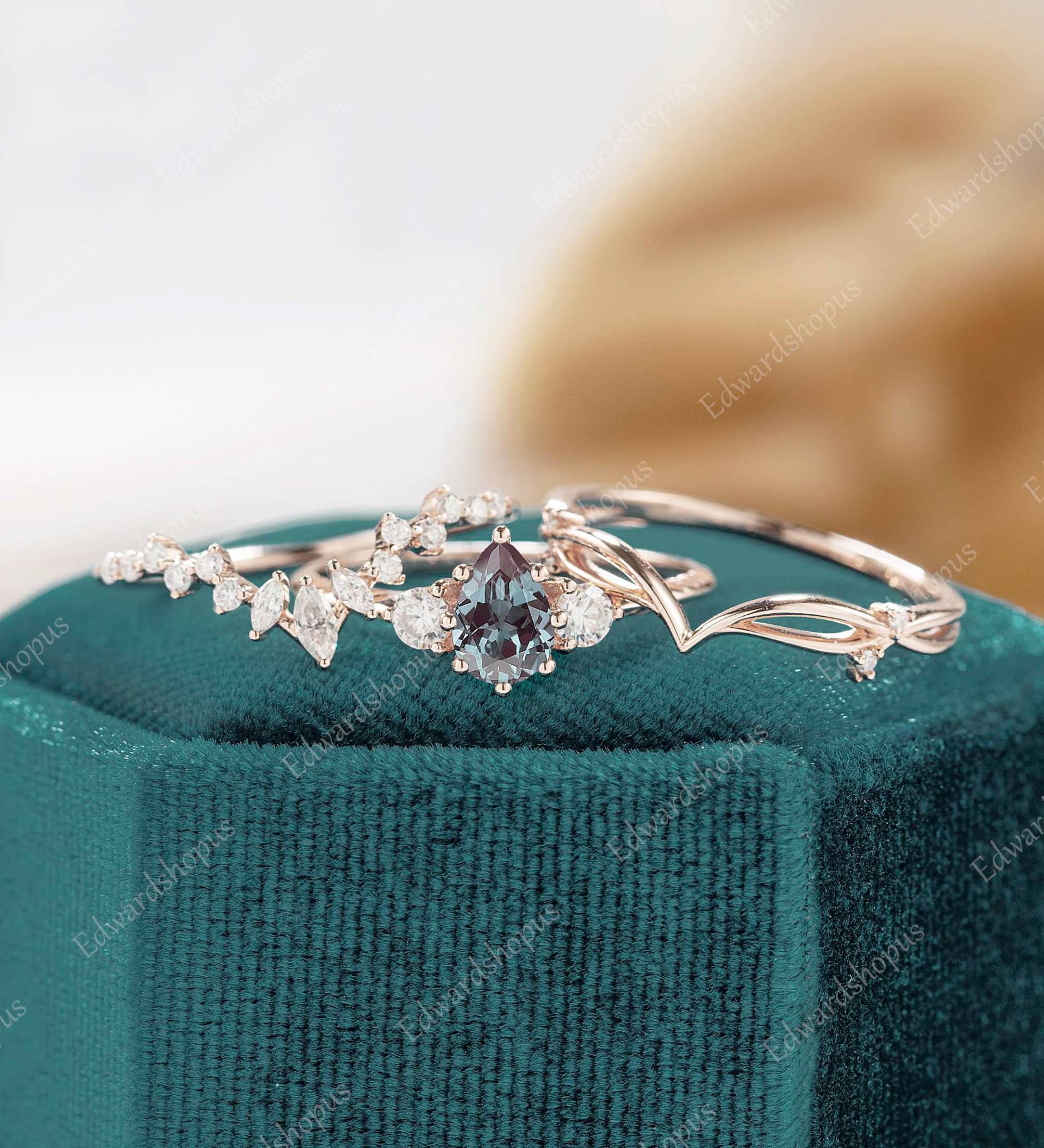 3stk Alexandrit Verlobungsring Set Einzigartiger Diamant Moissanit Vintage Für Frauen Goldring Jahrestag Geschenk von Edwardshopus