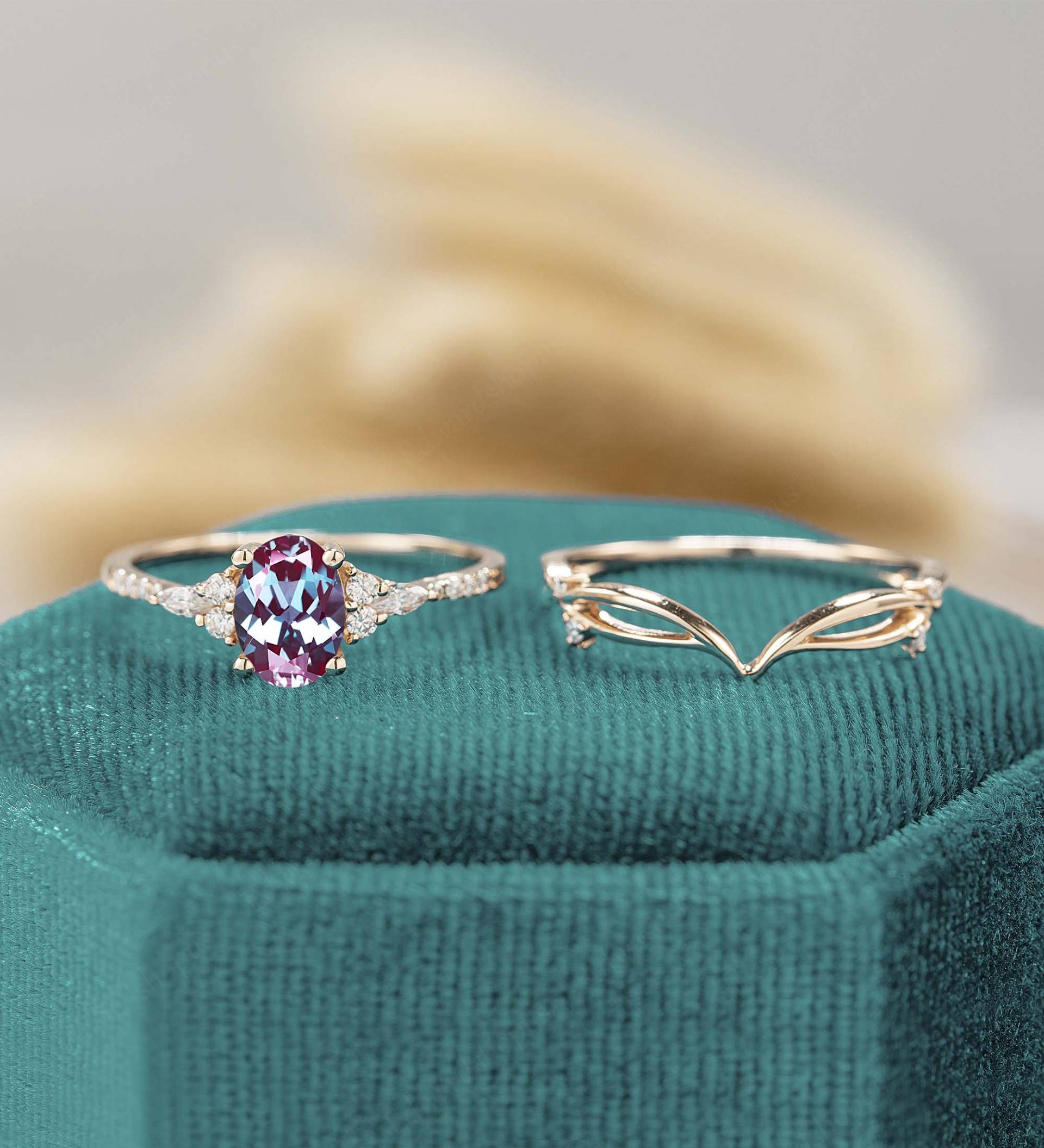 Alexandrit Verlobungsring Set Vintage Einzigartige Für Frauen Art Deco Moissanite Diamant Gold Ring Jahrestag von Edwardshopus