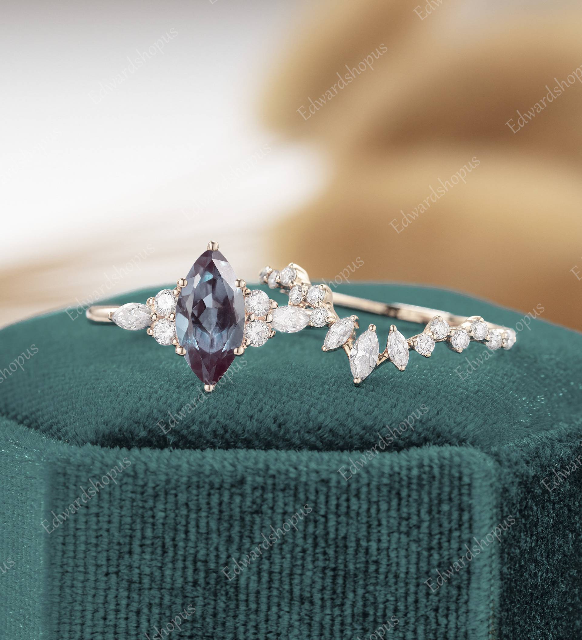 Alexandrit Verlobungsring Set Vintage Frauen Rosegold Moissanit Unikat Diamant Hochzeit Brautset Marquise Cut Art Deco Ring Geschenk Für Sie von Edwardshopus