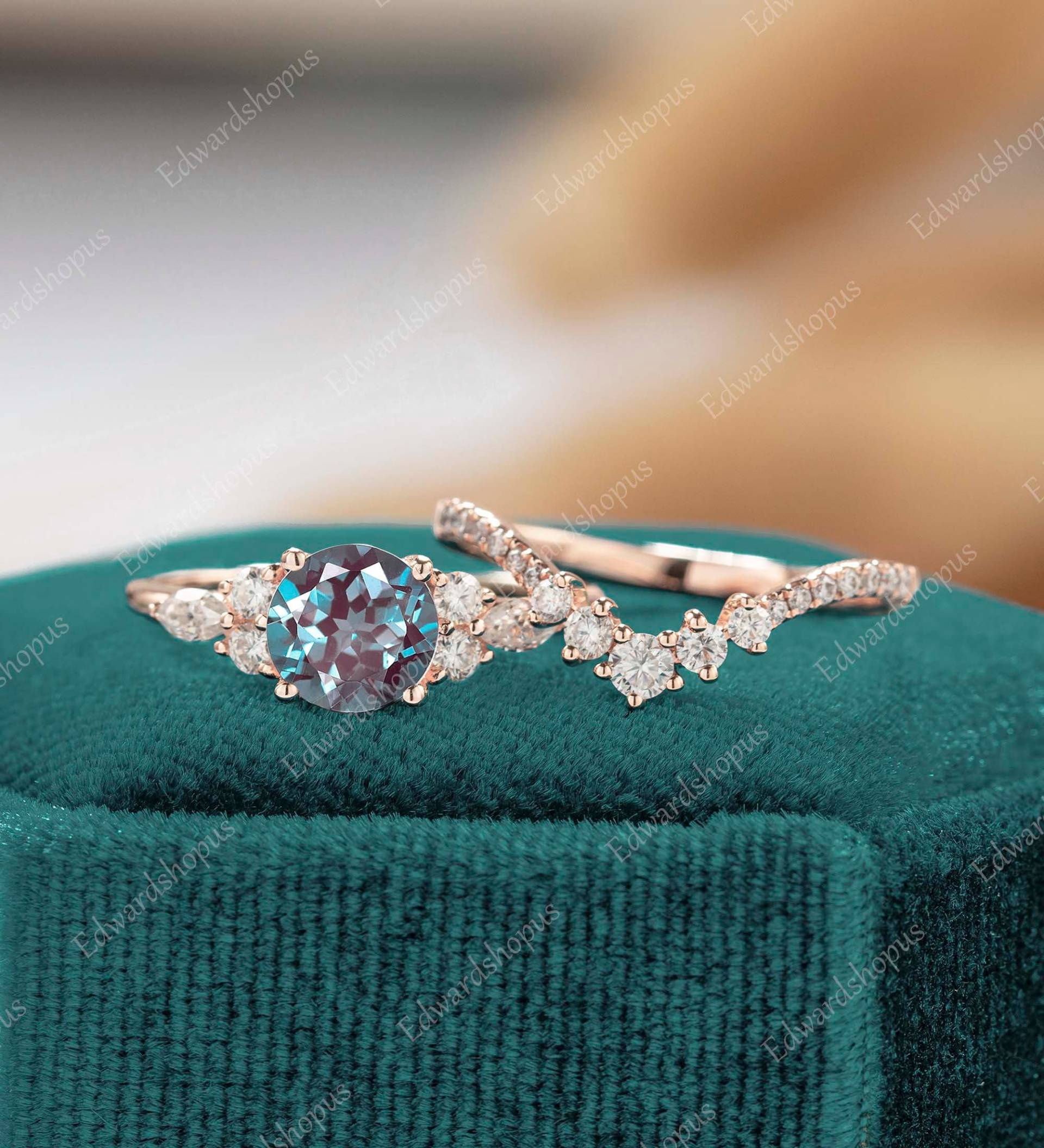 Alexandrit Verlobungsring Set Vintage Frauen Rosegold Moissanit Unikat Diamant Hochzeit Marquise Schliff Brautset Art Deco Geschenk Für Sie von Edwardshopus