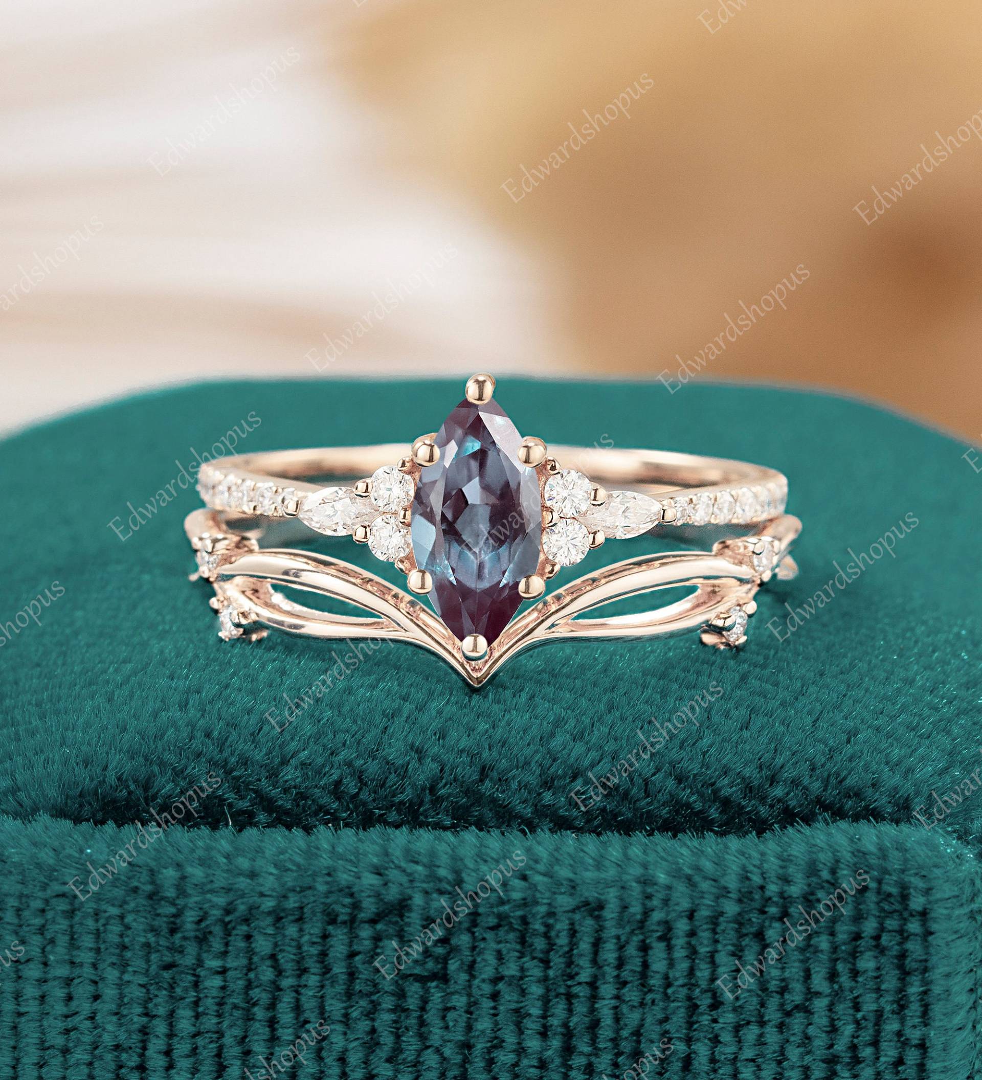 Alexandrit Verlobungsring Set Vintage Unikat Mariquise Diamant Roségold Ring Jahrestag Geschenk Sie Moissanit Braut von Edwardshopus