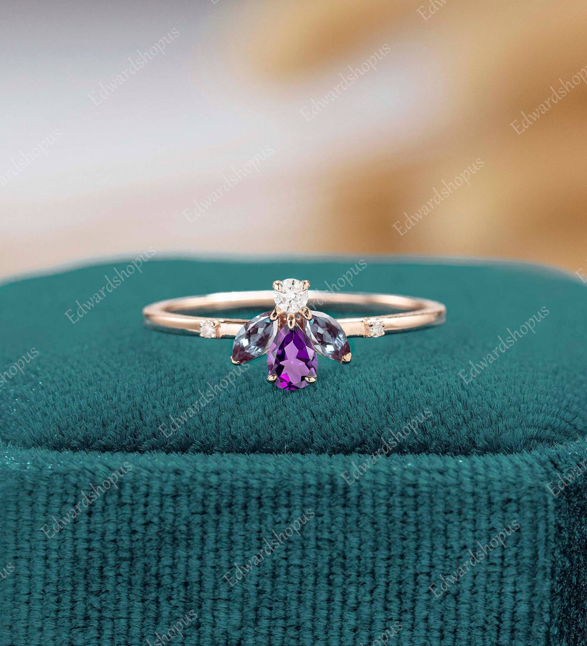 Amethyst Verlobungsring Vintage Alexandrit Birnenförmige Frauen Cluster Roségold Marquise Unikat Diamant Ehering Jahrestag Art Deco von Edwardshopus