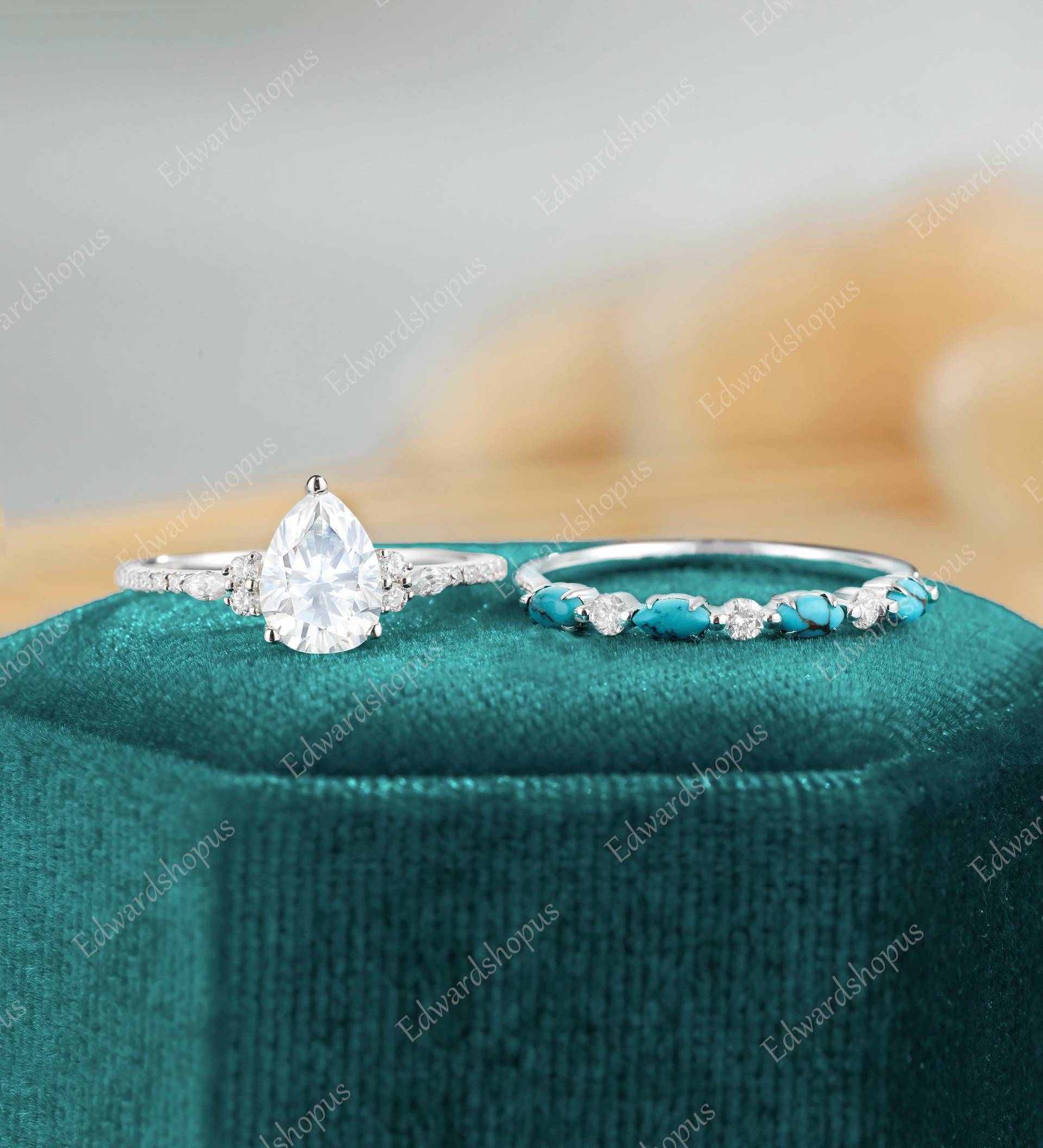 Birnenförmige Moissanit Verlobungsring Marquiseschliff Türkis Vintage Weißgold Frauen Diamant Einzigartiges Halbes Ewigkeitsgeschenk von Edwardshopus