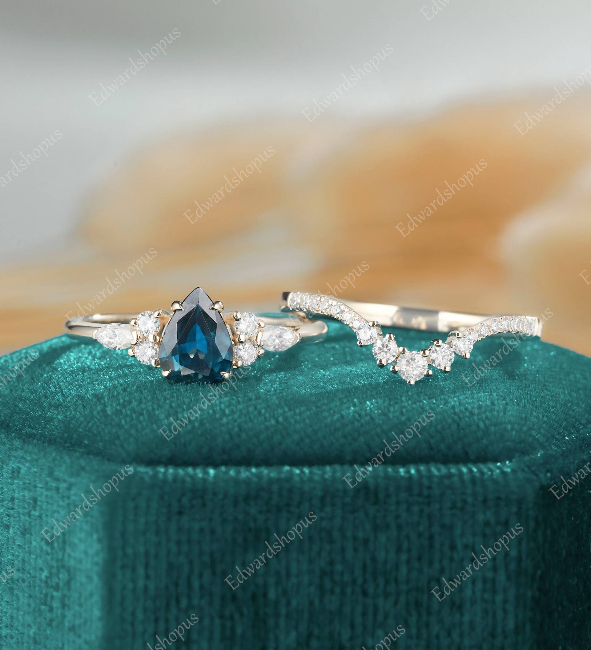Blau Grün Saphir Verlobungsring Set Vintage Pear Shaped Moissanit Unikat Rosegold Ring Zierliche Braut Diamant Jahrestag Geschenk Sie von Edwardshopus