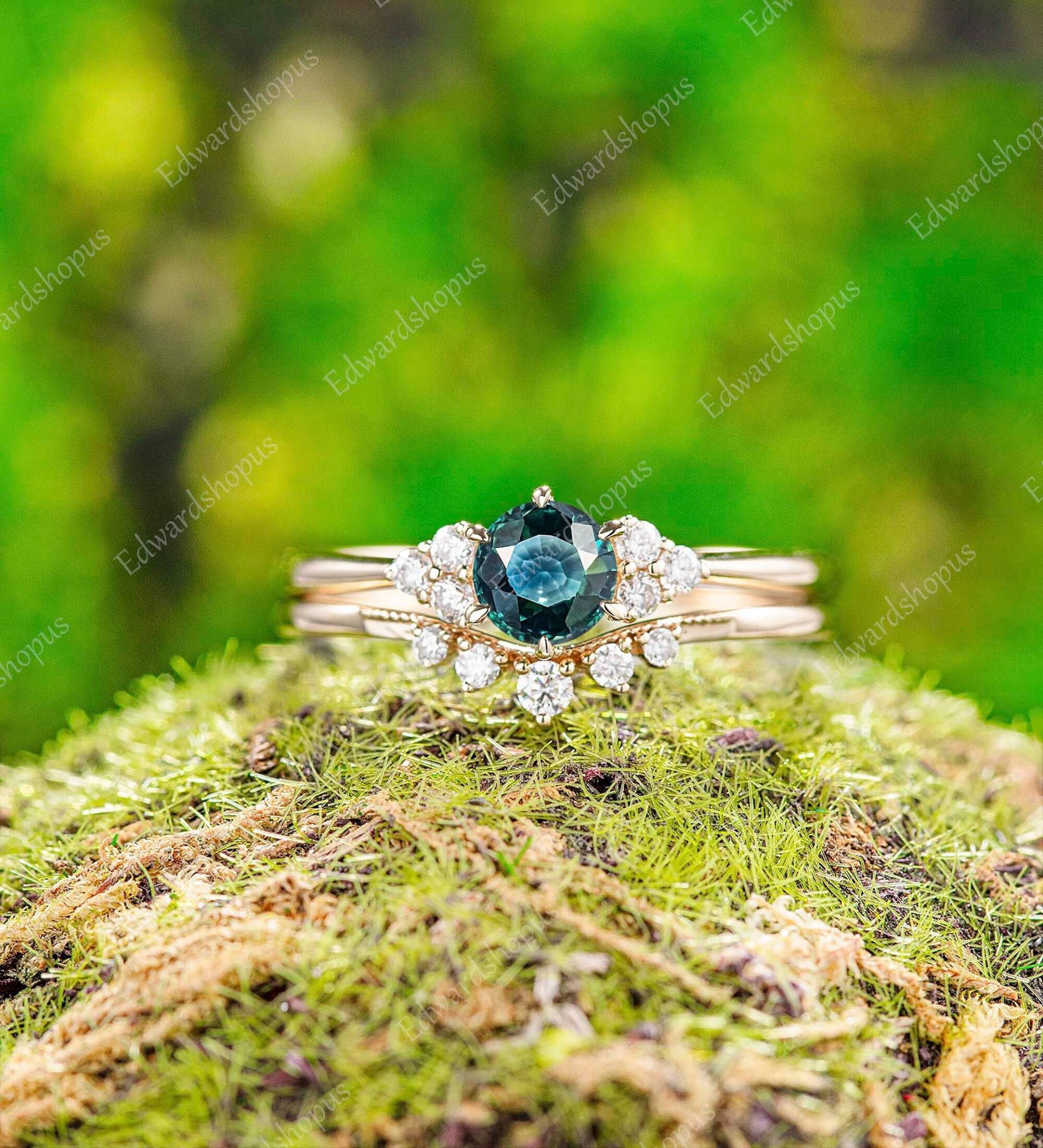 Blau Grün Saphir Verlobungsring Unikat Set Vintage Roségold Ring Diamant Moissanit Kunst Geschenk Für Sie Frauen von Edwardshopus