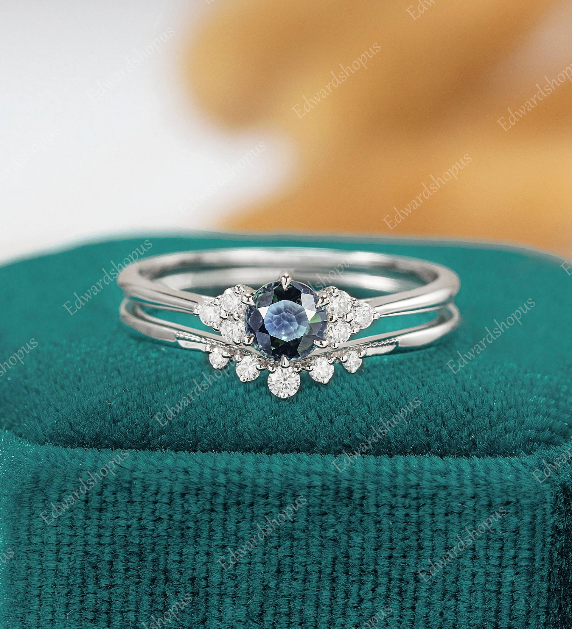 Blau Grün Saphir Verlobungsring Unikat Set Vintage Weißgold Ring Diamant Moissanit Kunst Geschenk Für Sie Frauen von Edwardshopus