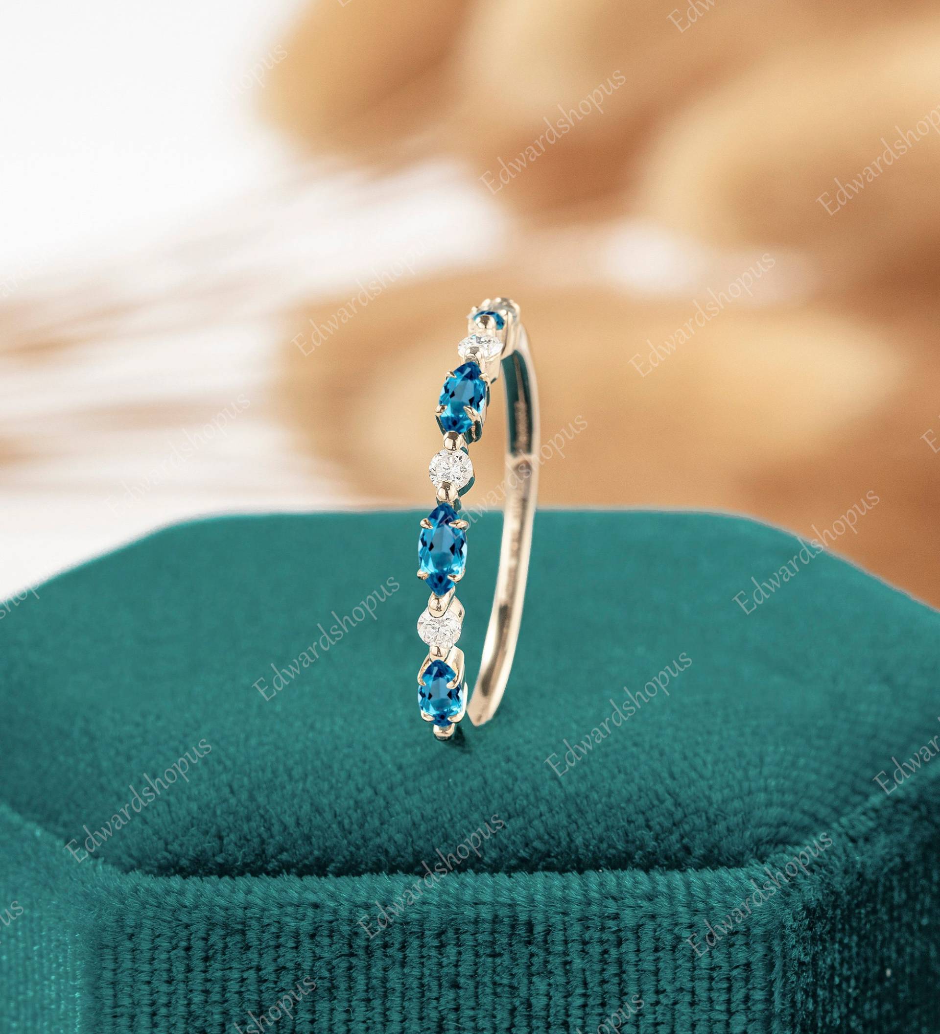 London Blue Topaz Hochzeitsband Damen Vintage Unikat Mariquise Jahrestag Geschenk Sie Moissanit Gelbgold Ring Diamant Zierliche von Edwardshopus