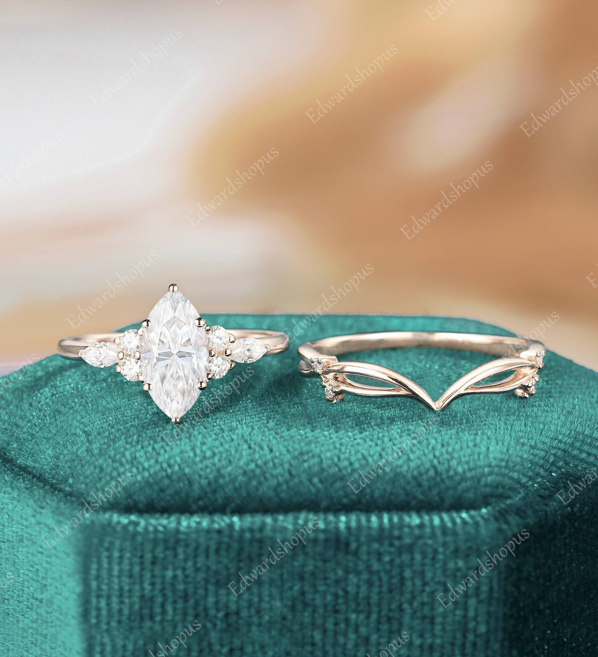 Marquise Cut Moissanit Verlobungsring Set Vintage Frauen Rosegold Unikat Diamant Hochzeit Braut Art Deco Ring Geschenk Für Sie von Edwardshopus