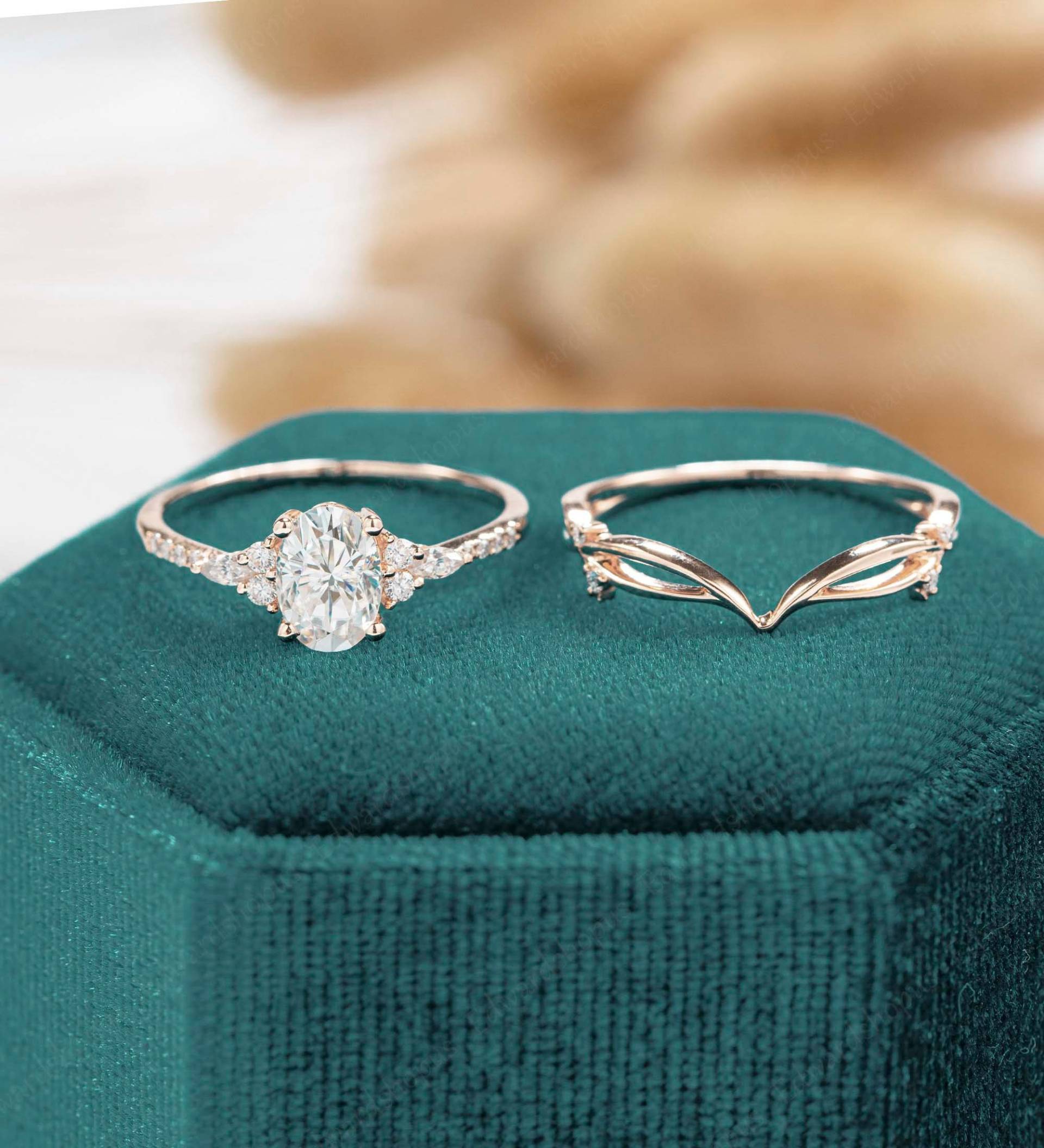 Moissanit Verlobungsring Set Unikat Vintage Oval Geschliffen Roségold Ring Jahrestag Geschenk Für Sie Frauen Diamant Cluster von Edwardshopus