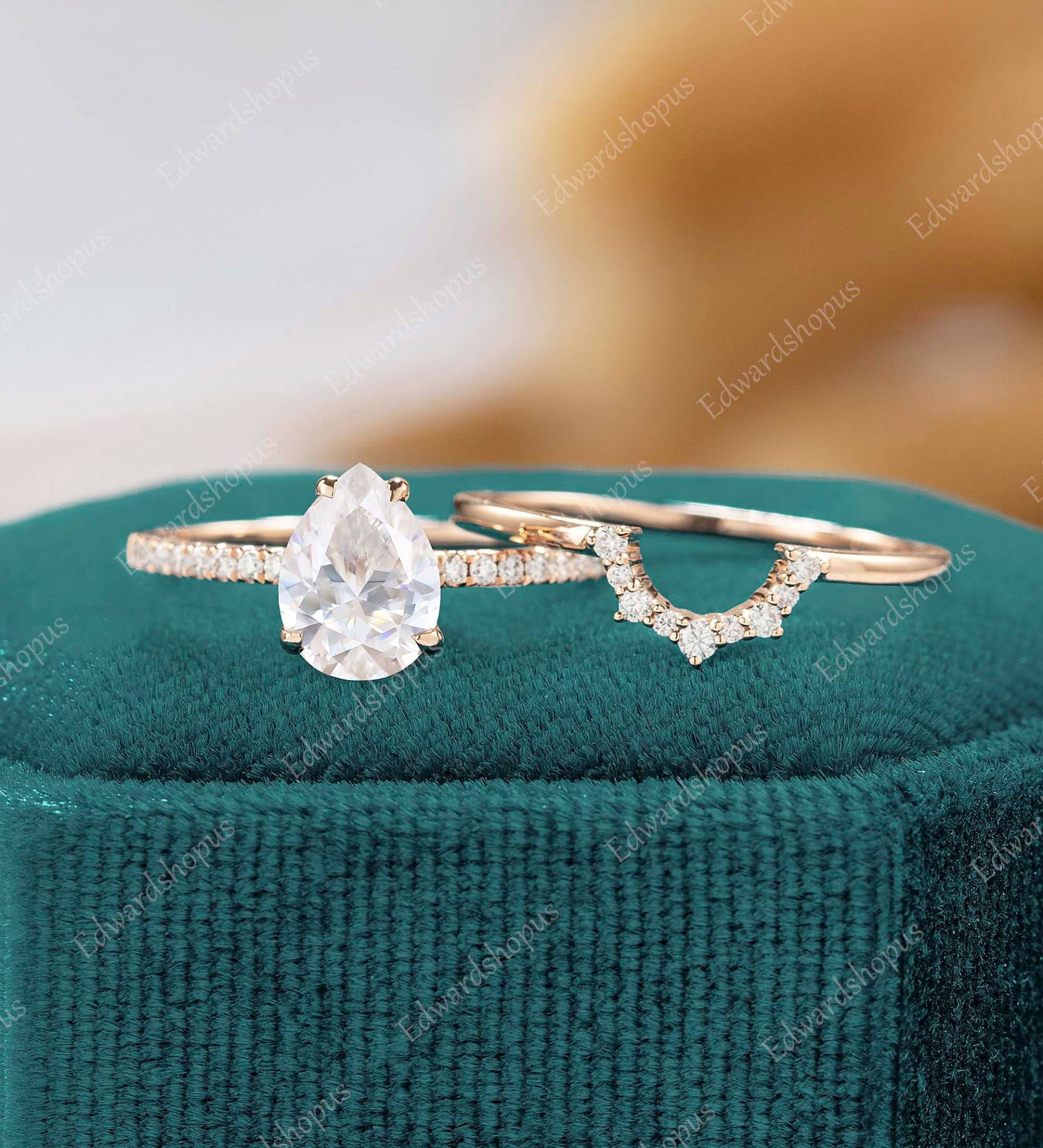 Moissanit Verlobungsring Set Vintage Birnenförmiger Ring Roségold Frauen Art Deco Pear Cut Diamant Hochzeit Jubiläum Unikat Geschenk Für Sie von Edwardshopus