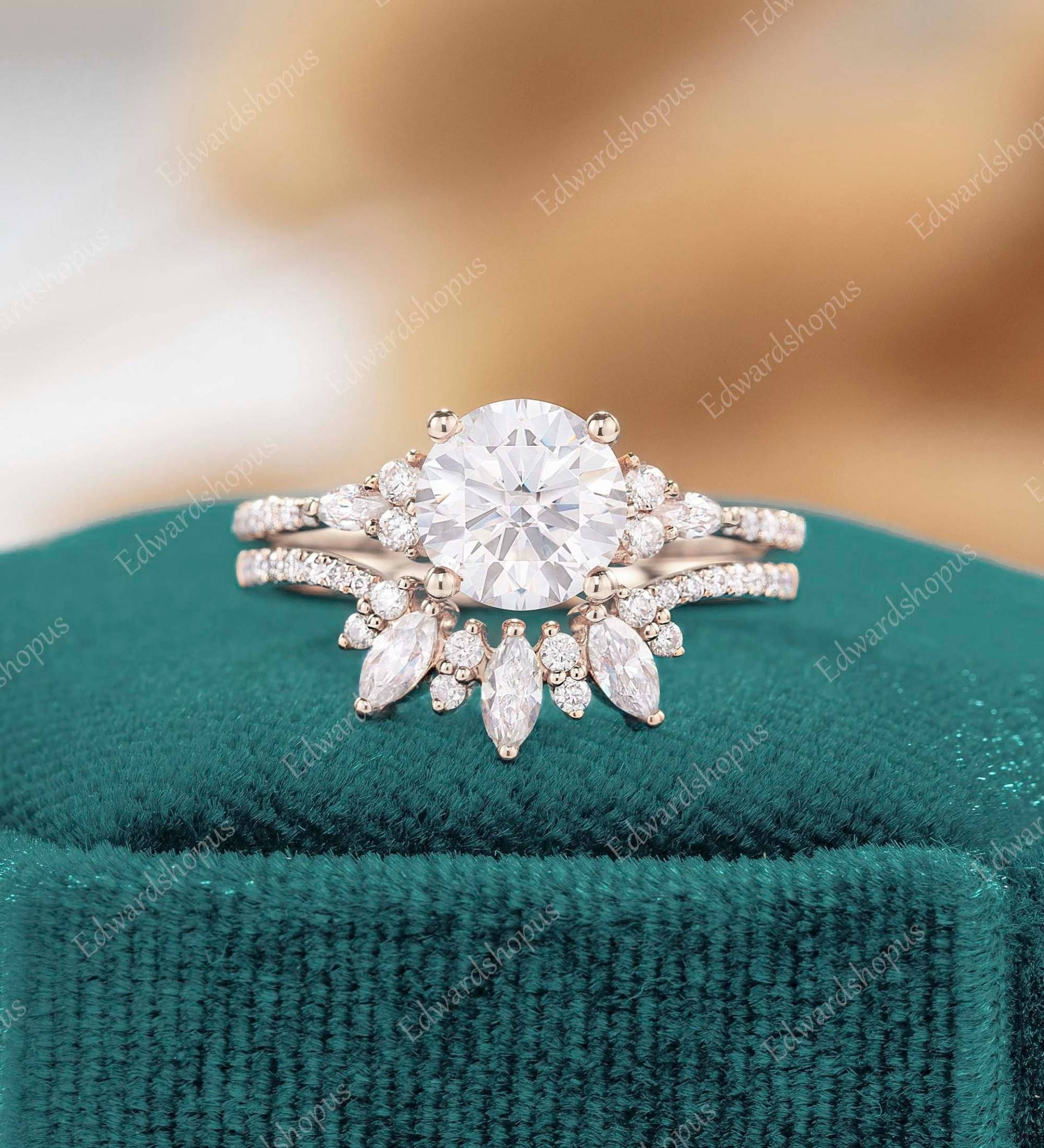 Moissanit Verlobungsring Set Vintage Frauen Roségold Unikat Diamant Hochzeit Brautset Marquise Cut Art Deco Geschenk Für Sie von Edwardshopus