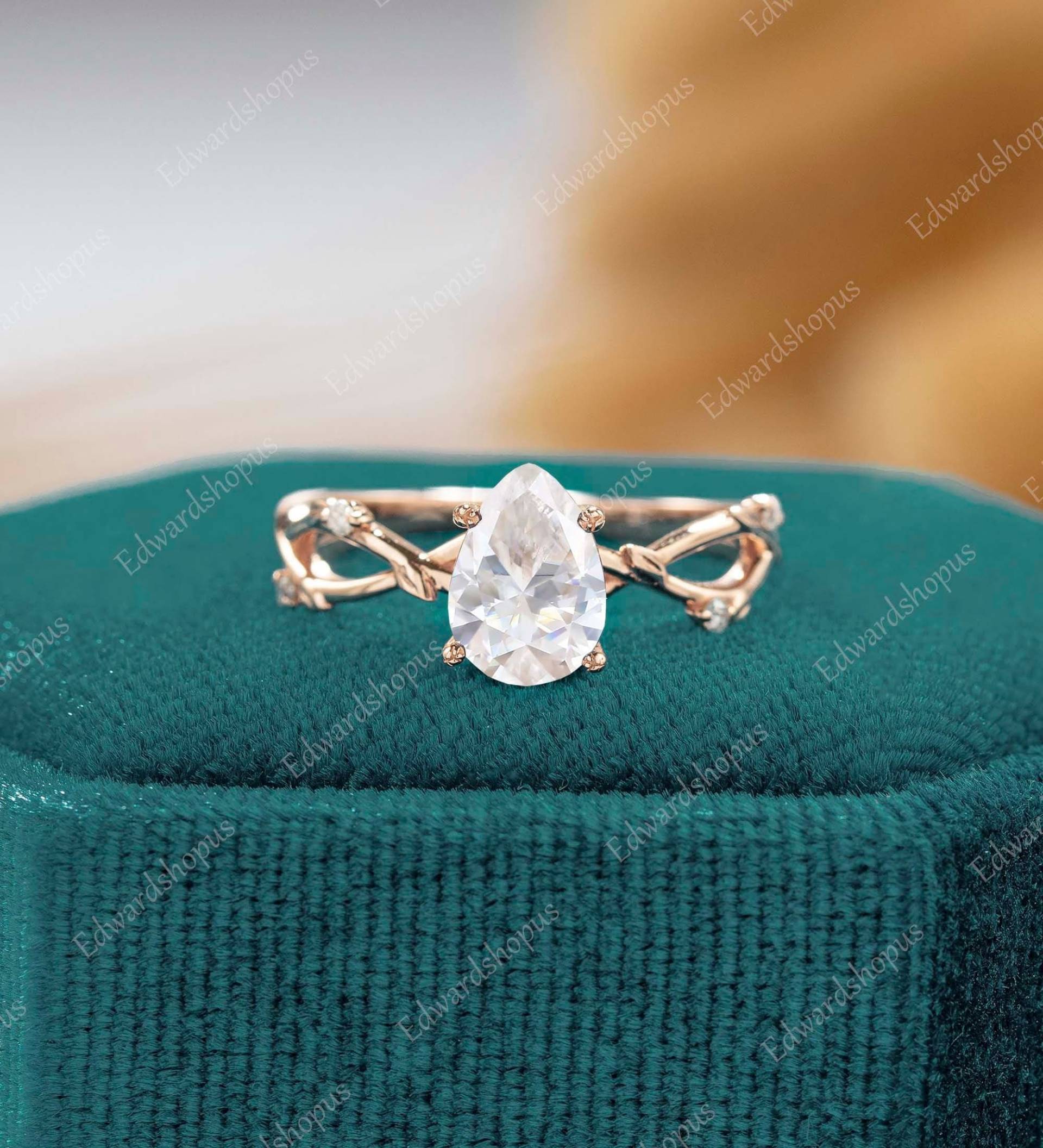 Moissanit Verlobungsring Unikat Birnenform Vintage Roségold Diamant Art Deco Blatt Ring Für Frauen Jahrestag Geschenk von Edwardshopus