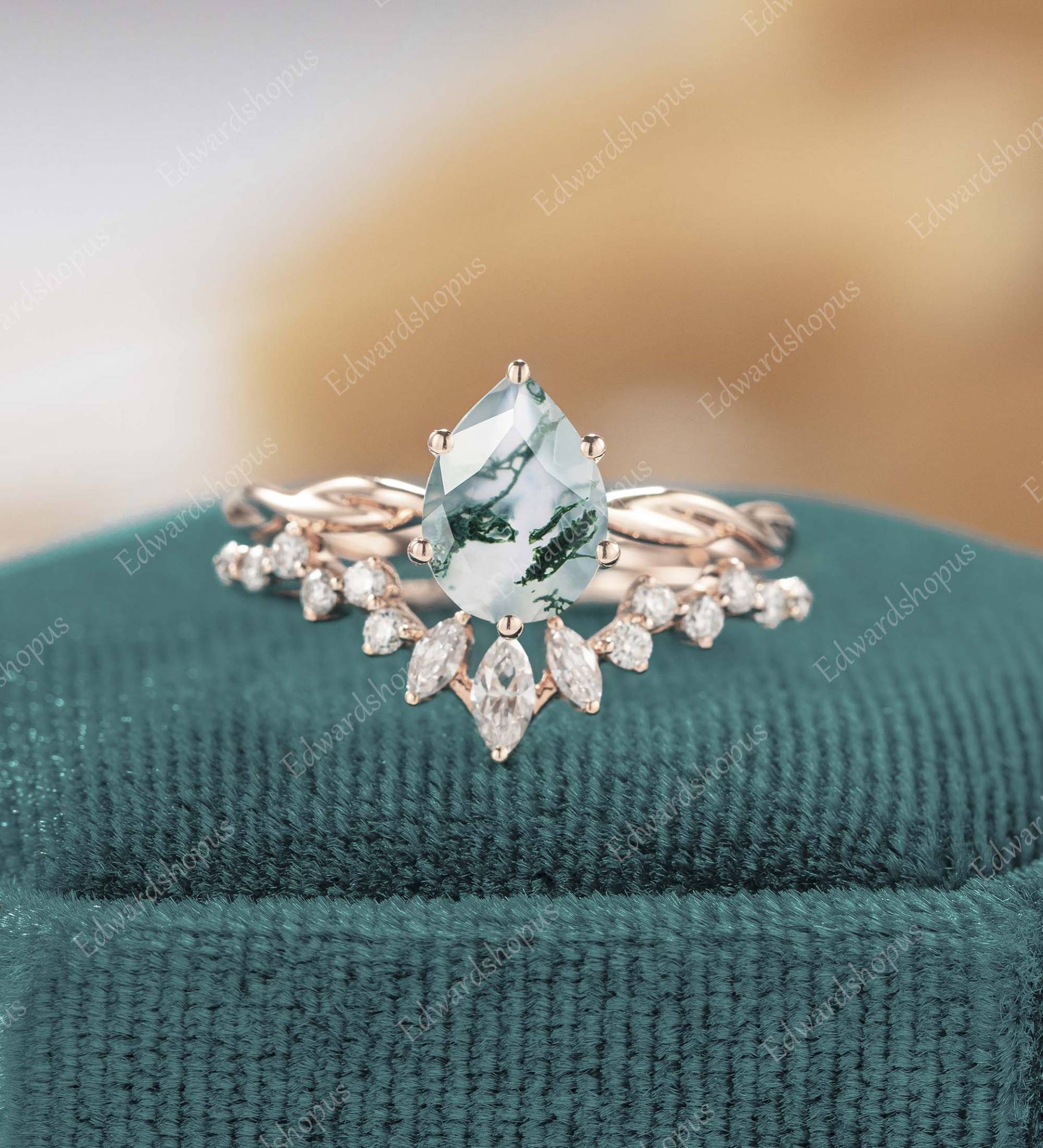 Moos Achat Verlobungsring Set Unikat Roségold Vintage Moissanit Pear Shaped Art Deco Diamant Geschenk Für Sie Frauen Braut Jubiläum von Edwardshopus