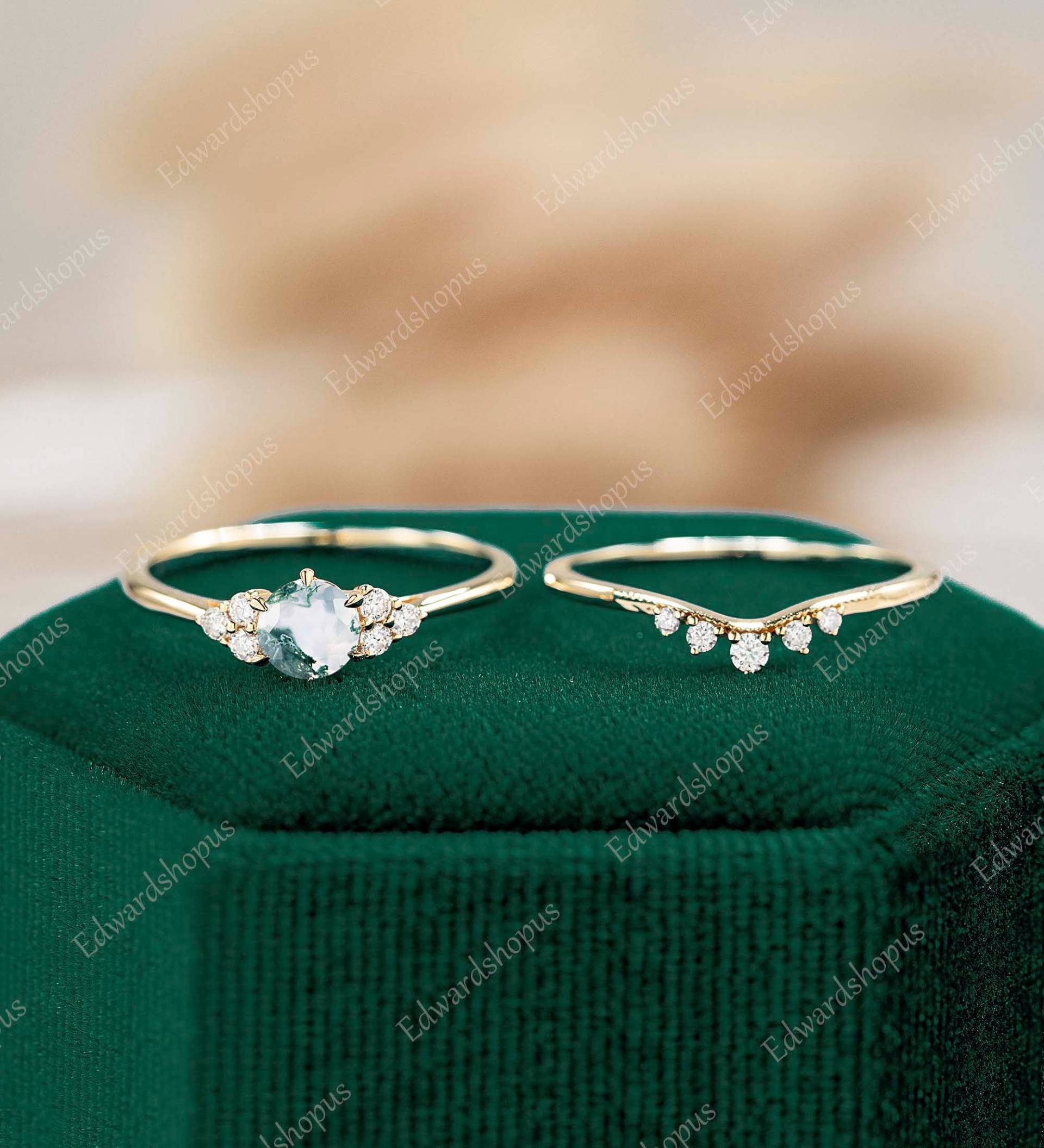 Moos Achat Verlobungsring Unikat Set Vintage Moissanit Kunst Geschenk Für Sie Frauen Weißgold Ring von Edwardshopus