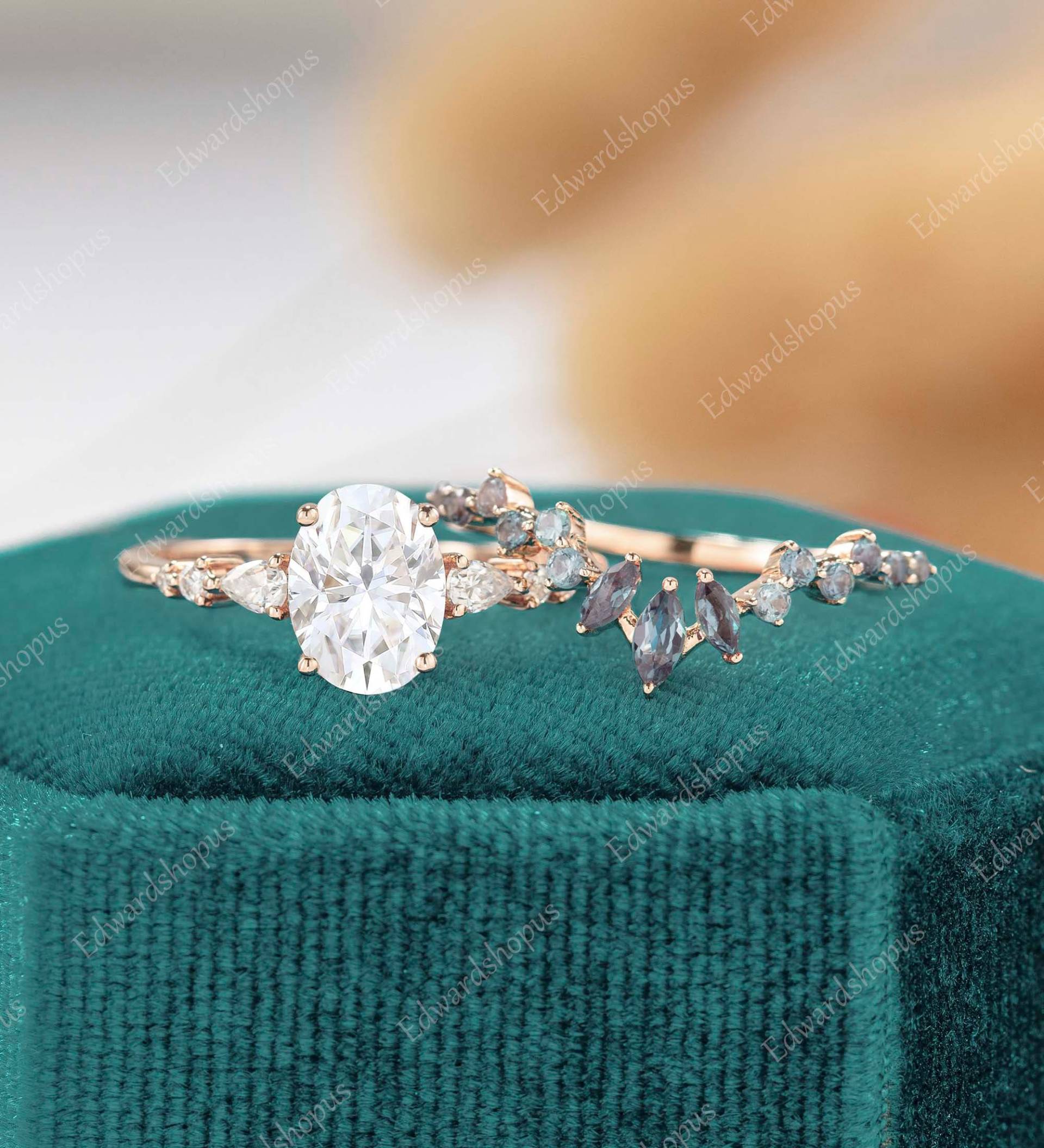 Oval Geschnittener Moissanit Verlobungsring Set Vintage Ring Roségold Frauen Birnenform Antik Art Deco Braut Diamant Unikat Set Geschenk von Edwardshopus