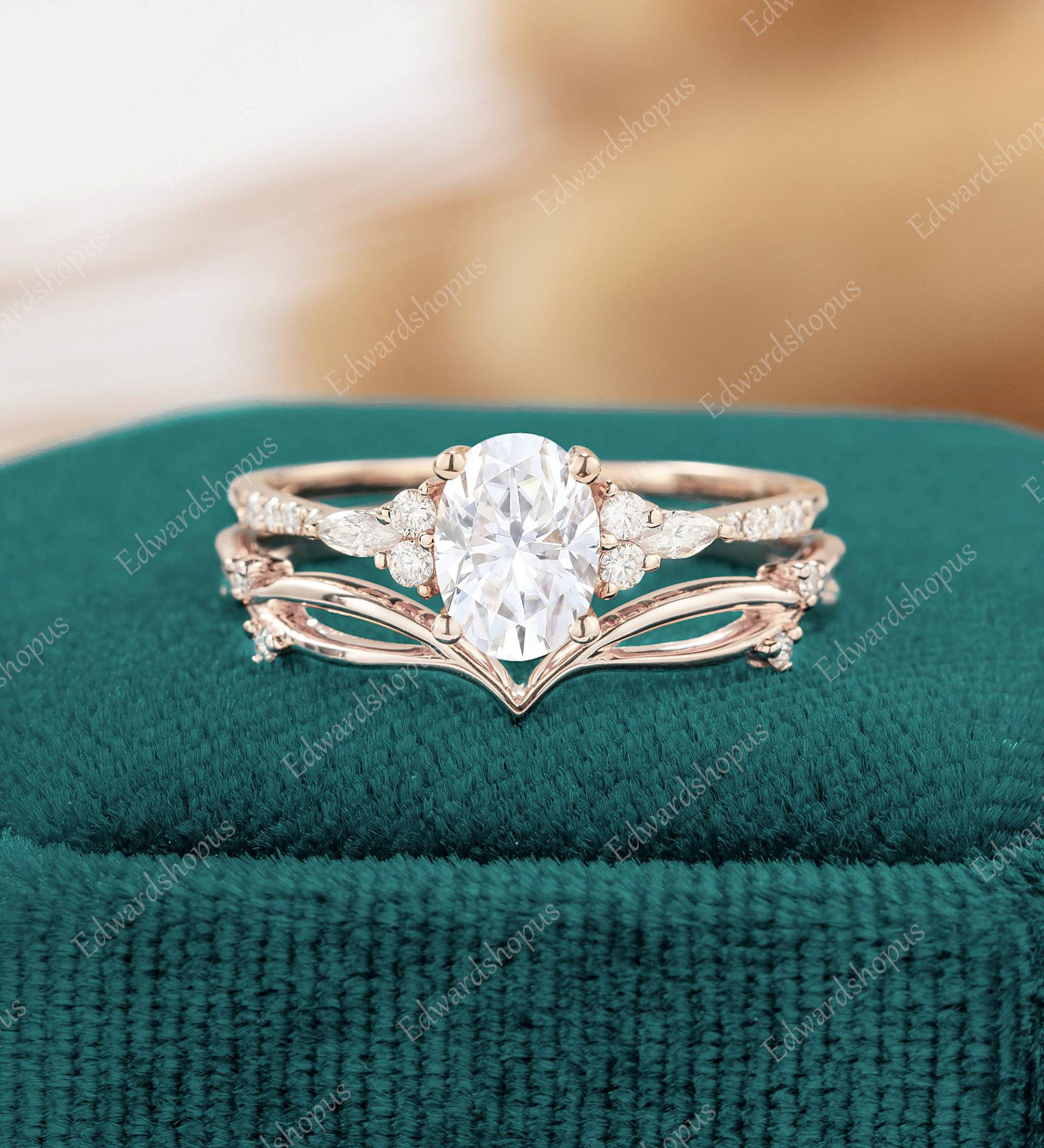 Ovaler Moissanit Verlobungsring Set Vintage Rosegold Frauen Blatt Antik Art Deco Braut Marquise Schliff Diamant Unikat Halb Ewigkeit Geschenk von Edwardshopus