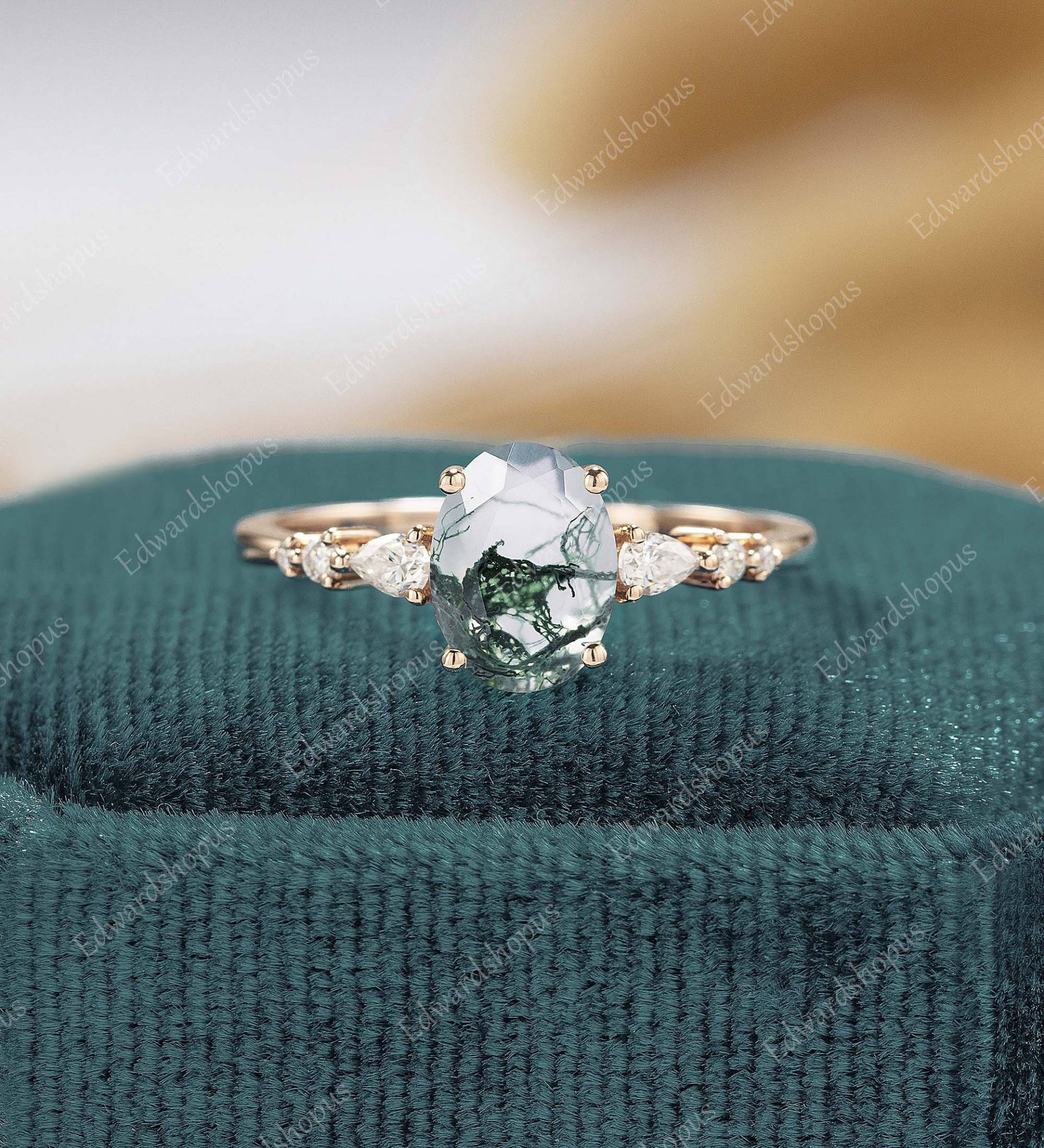 Ovaler Schliff Moissanit Achat Verlobungsring Vintage Ring Rosegold Frauen Birnenform Art Deco Braut Diamant Unikat Halb Ewigkeit Geschenk von Edwardshopus