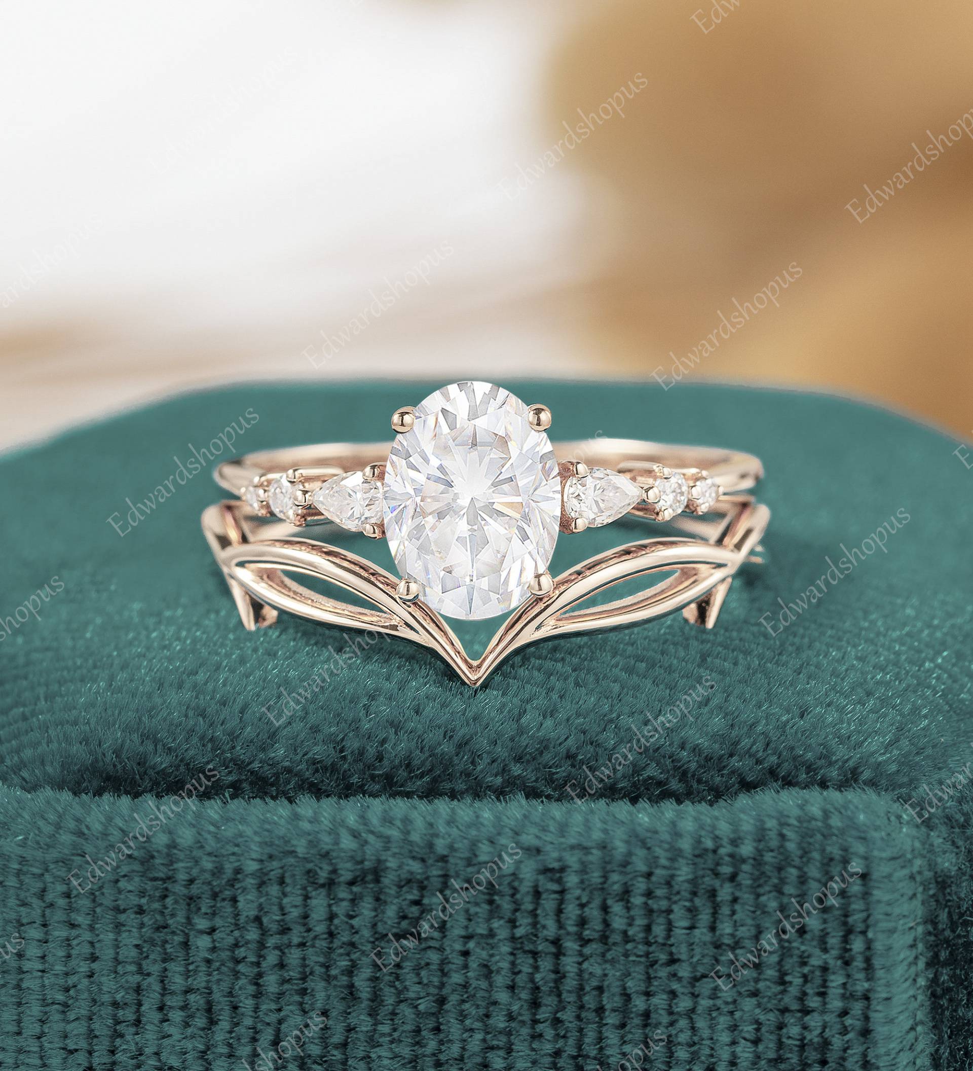 Ovaler Schliff Moissanit Verlobungsring Set Vintage Ring Roségold Frauen Birnenform Antik Art Deco Bridal Diamant Unikat Geschenk Für Sie von Edwardshopus