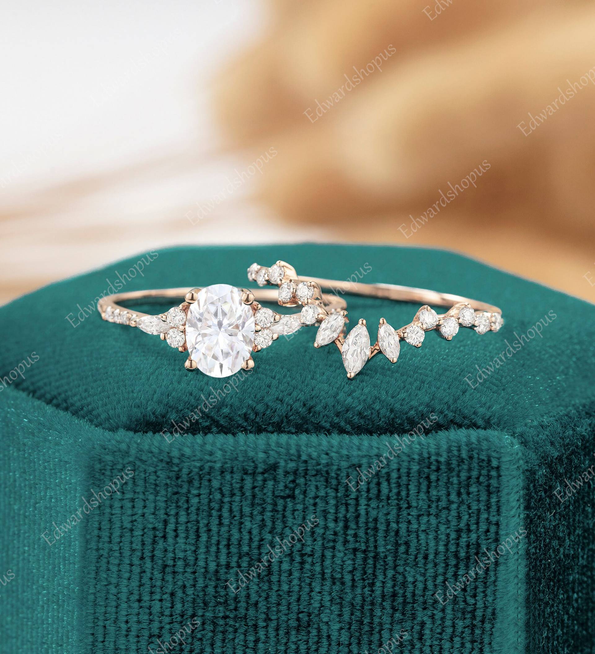 Ovaler Schliff Moissanit Verlobungsring Set Vintage Rosegold Frauen Blatt Antik Art Deco Braut Marquise Diamant Unikat Halb Ewigkeit Geschenk von Edwardshopus