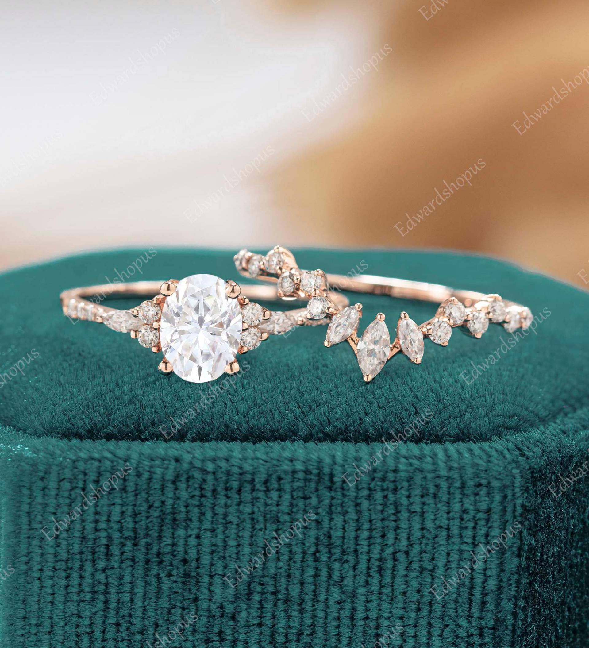 Ovaler Schliff Moissanit Verlobungsring Set Vintage Rosegold Frauen Blatt Antik Art Deco Braut Marquiseschliff Diamant Unikat Geschenk von Edwardshopus