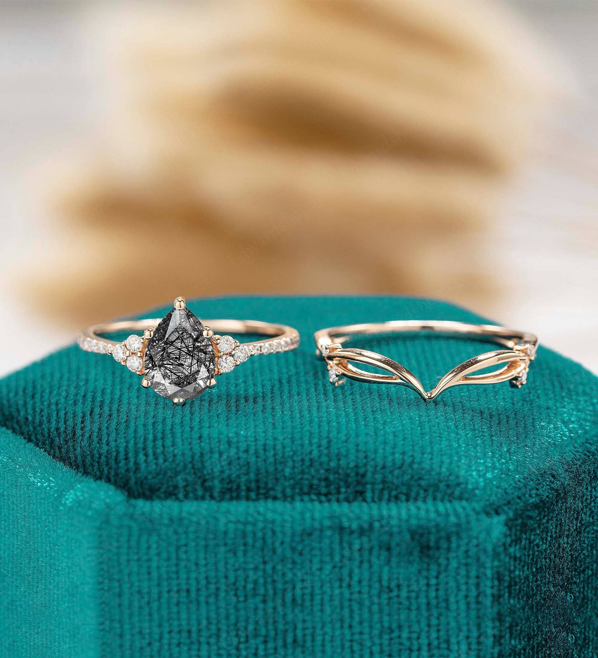 Schwarz Verstümmelt Quarz Verlobungsring Vintage Set Einzigartige Gold Jahrestagsgeschenk Für Ihre Moissanite Diamant von Edwardshopus
